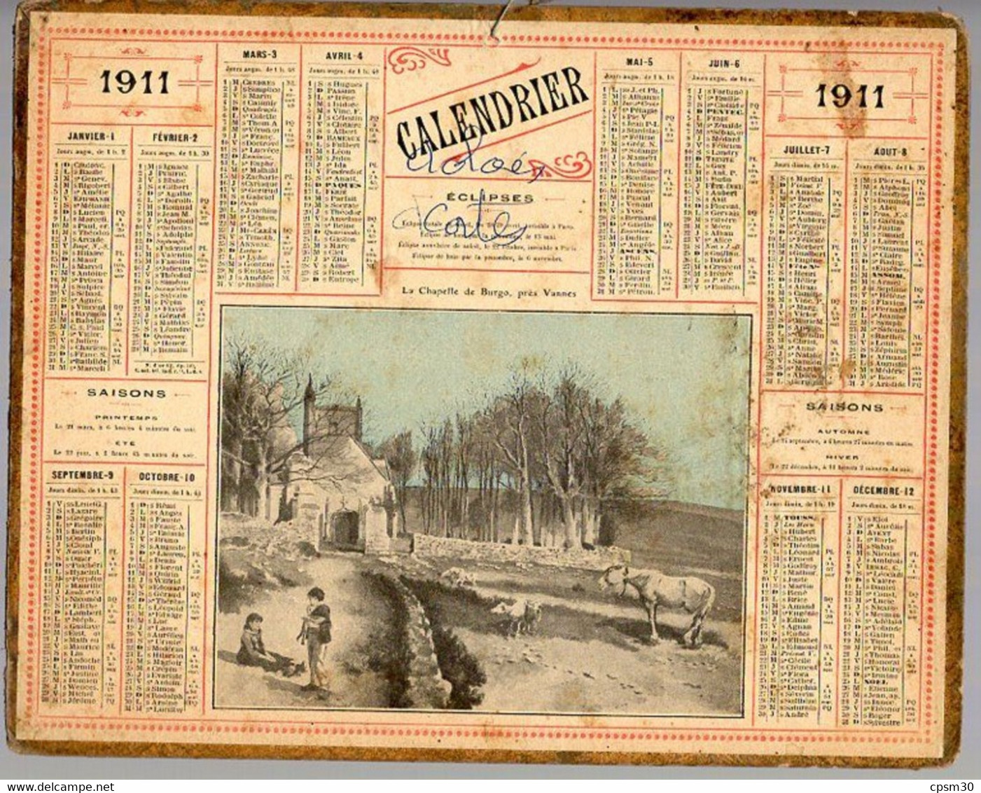 CALENDRIER GF 1911 - La Chapelle De Burgo, Près De Vannes, Imprimeur Oberthur Rennes - Grand Format : 1901-20