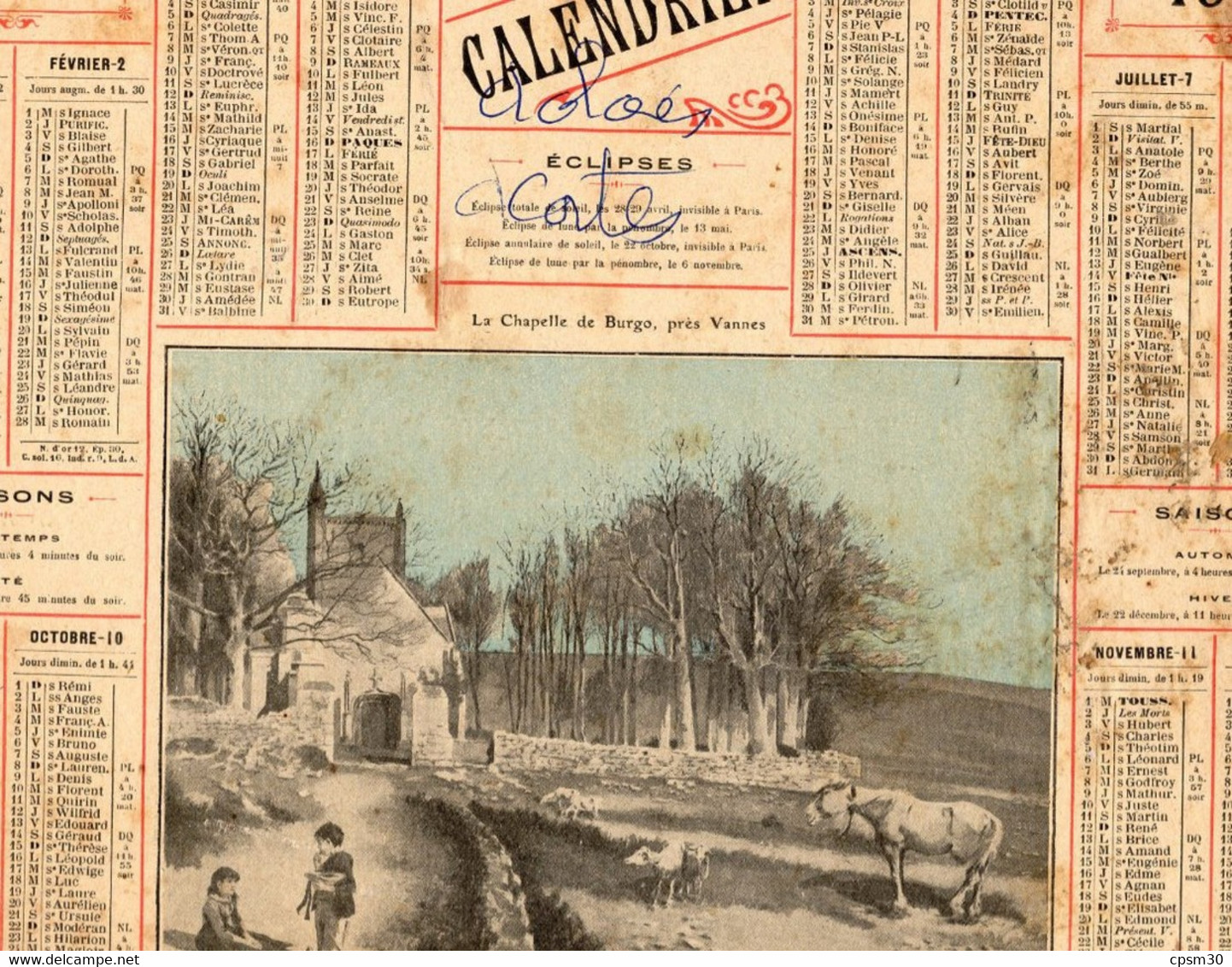 CALENDRIER GF 1911 - La Chapelle De Burgo, Près De Vannes, Imprimeur Oberthur Rennes - Big : 1901-20