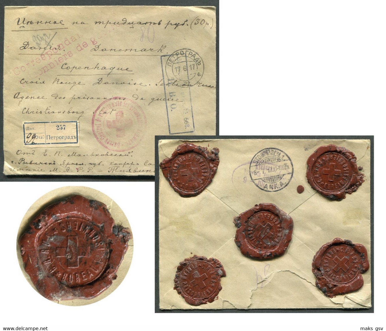 06104 WWI Russia RARE Red Cross Wax SEAL POW Petrograd Money Cover 1917 Cancel CENSOR To Denmark - Briefe U. Dokumente