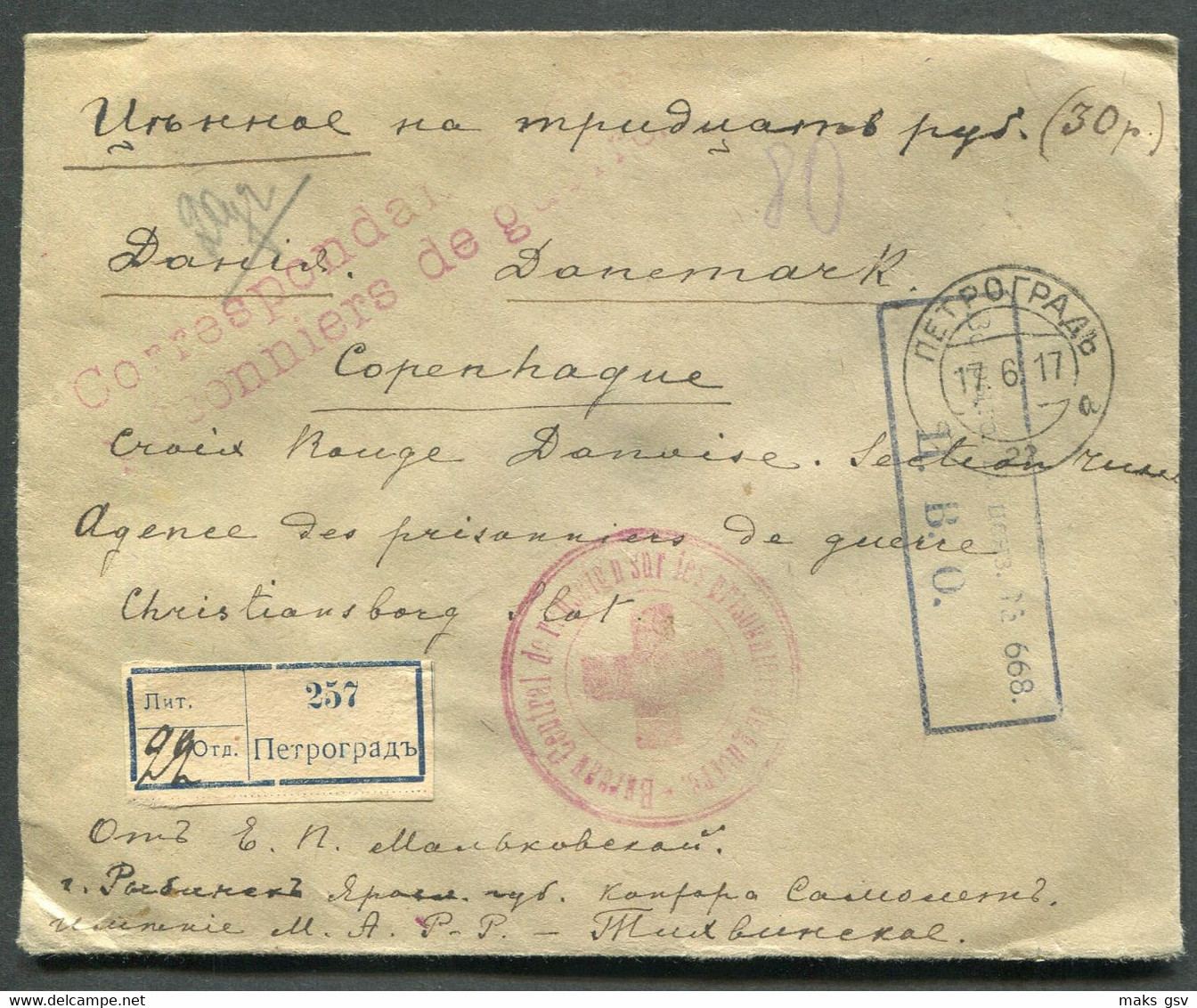 06104 WWI Russia RARE Red Cross Wax SEAL POW Petrograd Money Cover 1917 Cancel CENSOR To Denmark - Briefe U. Dokumente