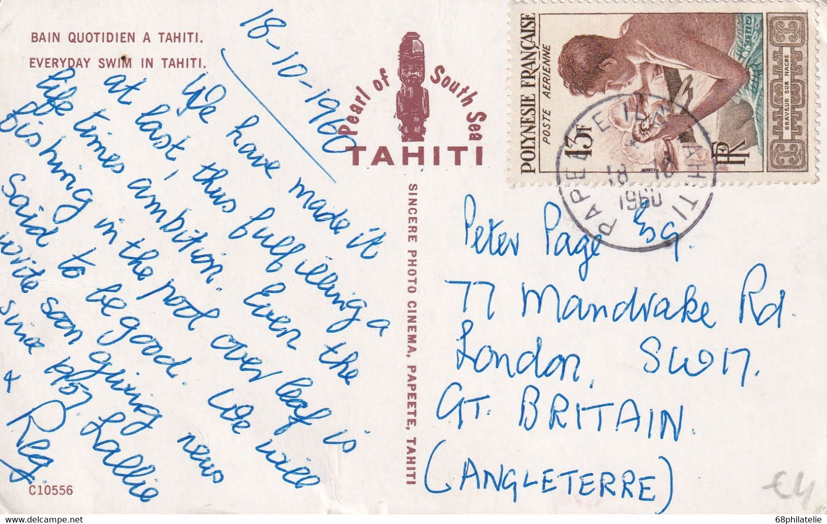 TAHITI 1960  PLI AERIEN CARTE  DE PAPEETE - Tahití