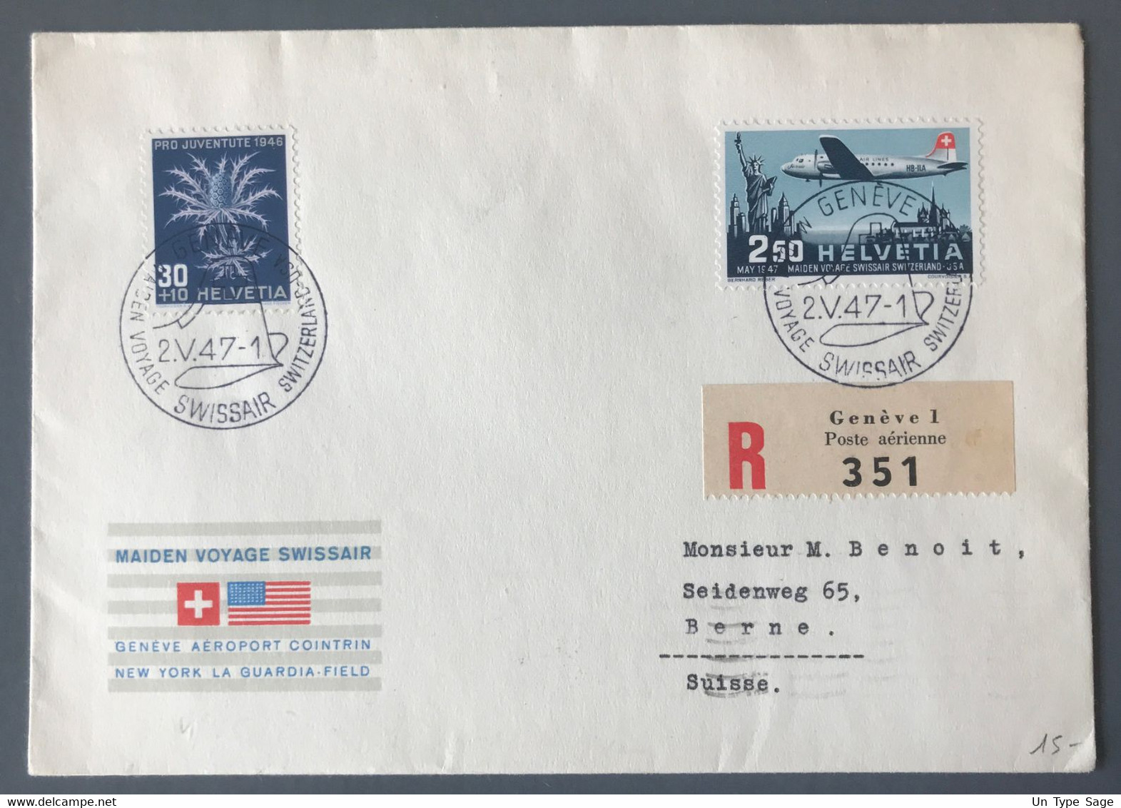 Suisse, Enveloppe MAIDEN VOYAGE SWISSAIR - GENEVE - NEW YORK 2.5.1947 - (B3906) - Otros & Sin Clasificación