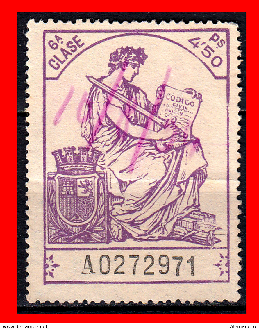 ESPAÑA  ( POLIZA FISCAL 6ª CLASE VALOR 4.50 PTAS. POLIZA Nº A 0272971. SERIE AÑO 1932-1939 - Fiscales