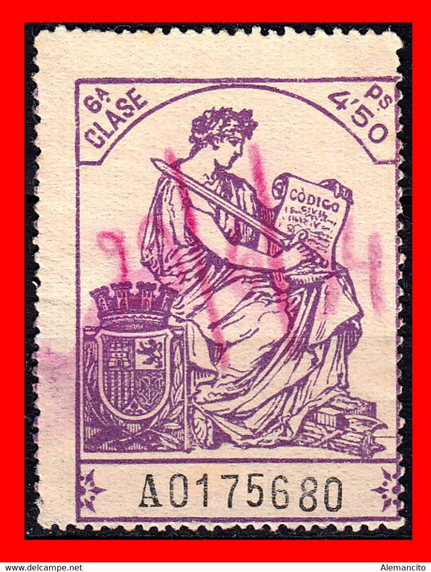 ESPAÑA  ( POLIZA FISCAL 6ª CLASE VALOR 4.50 PTAS. POLIZA Nº A 0175680. SERIE AÑO 1932-1939 - Fiscales