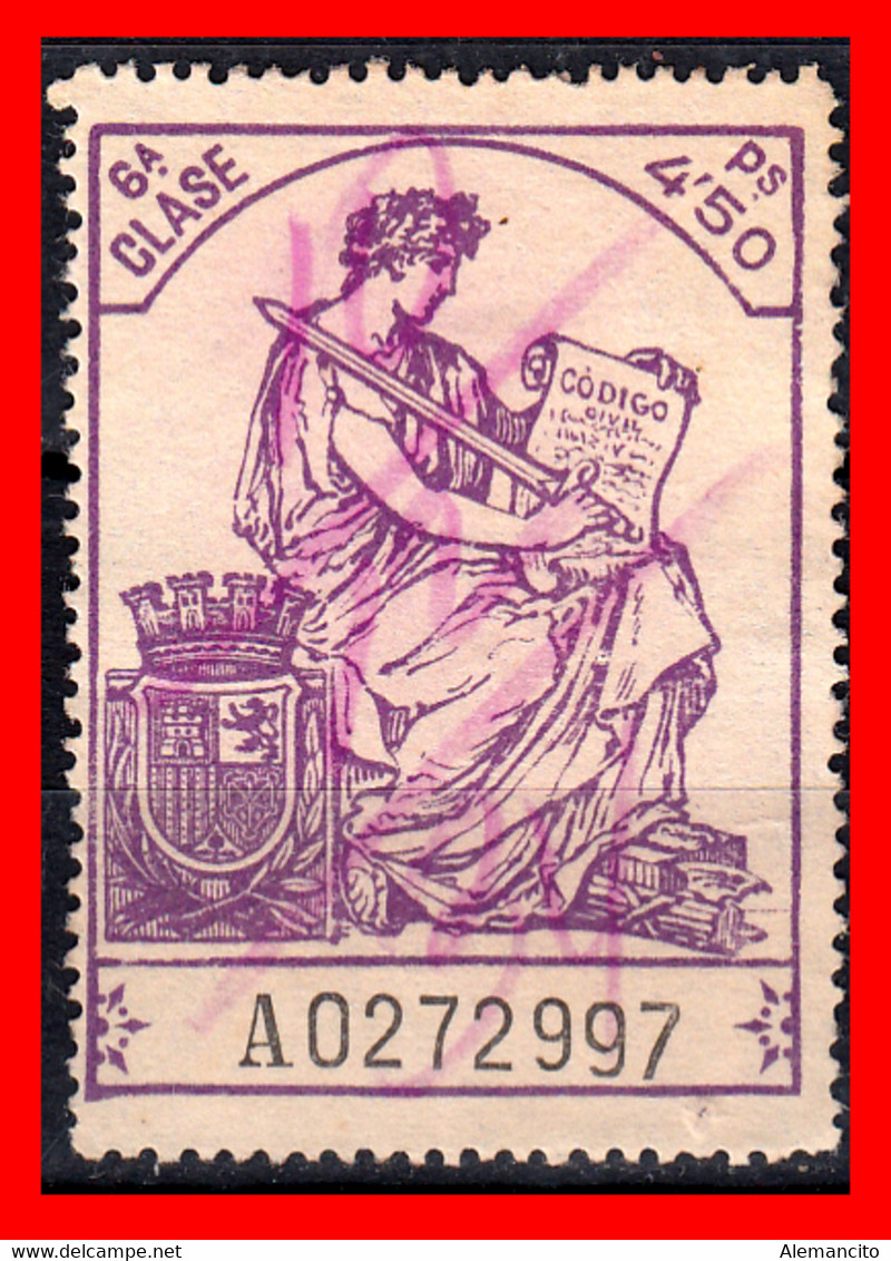 ESPAÑA  ( POLIZA FISCAL 6ª CLASE VALOR 4.50 PTAS. POLIZA Nº A0272997.  SERIE AÑO 1932-1939 - Fiscales