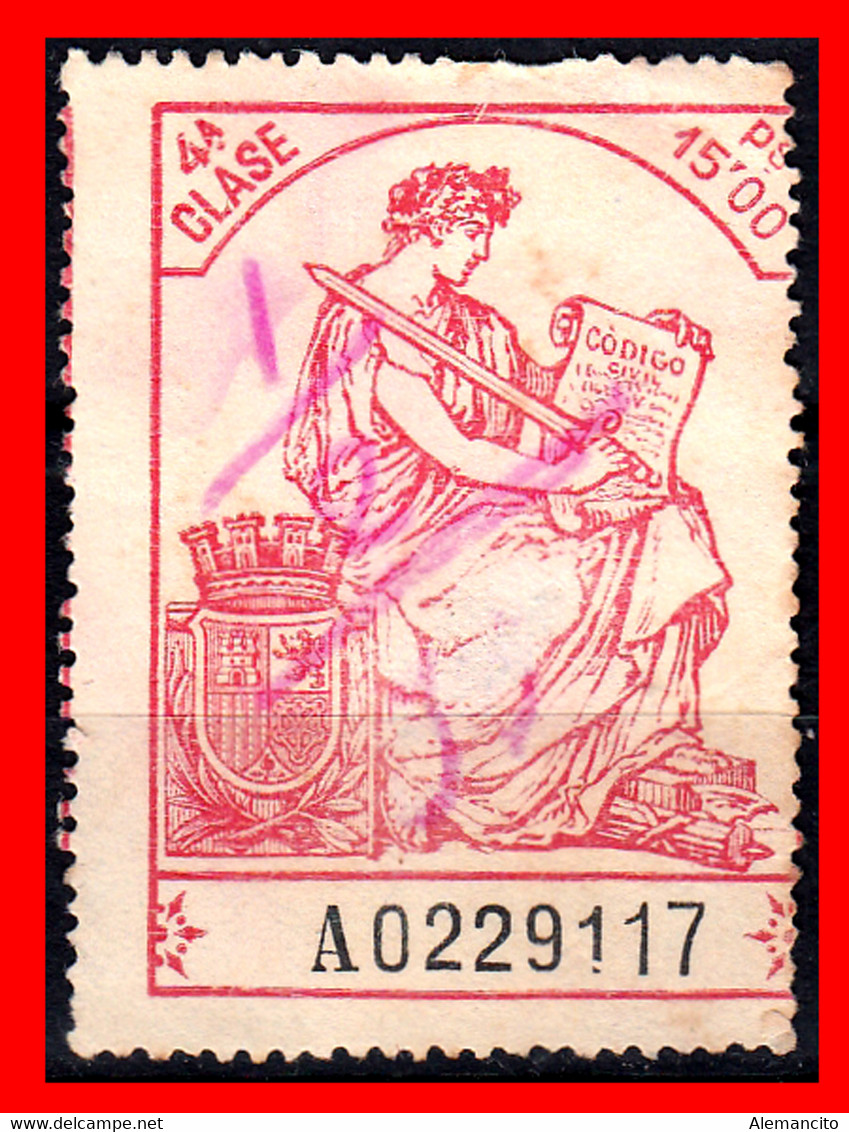 ESPAÑA  ( POLIZA FISCAL 4ª CLASE VALOR 12.00 PTAS. POLIZA Nº A0229117. SERIE AÑO 1932-1939 - Fiscales