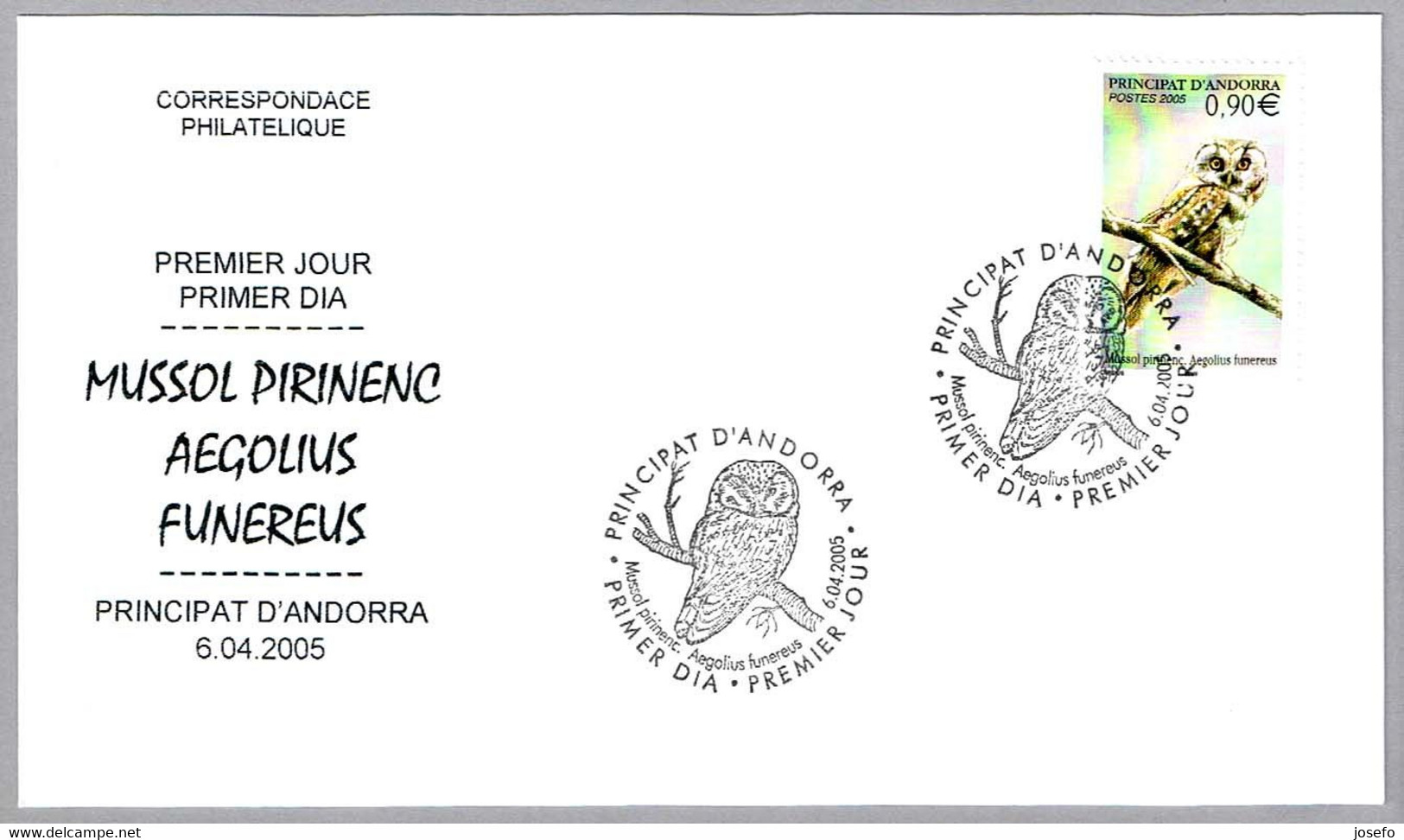 MOCHUELO BOREAL - BOREAL OWL - Aegolius Funereus. FDC Andorra 2005 - Owls
