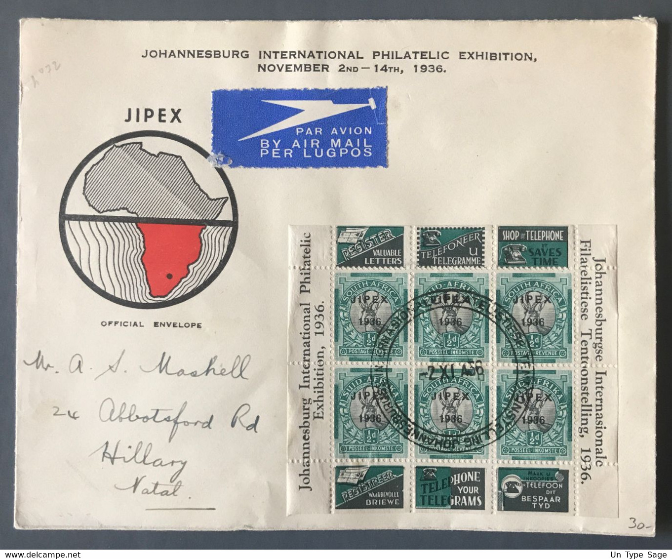 Afrique Du Sud - Bloc Surchargé 1936 Sur Enveloppe Commémorative - (B3927) - Non Classés