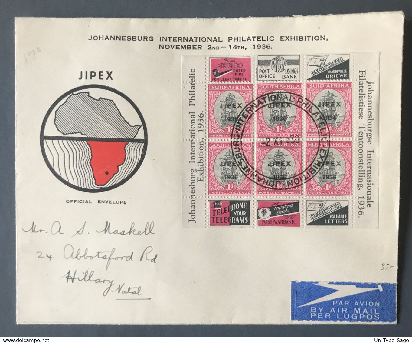 Afrique Du Sud - Bloc Surchargé 1936 Sur Enveloppe Commémorative - (B3928) - Sin Clasificación