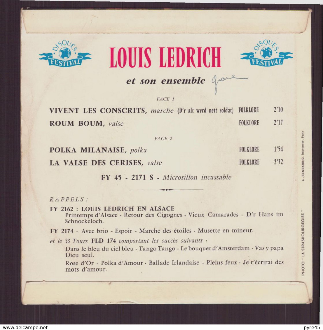 45 T Louis Ledrich " Vivent Les Conscrits + Roum Boum + Polka Milanise + La Valse Des Cerises " - Instrumentaal