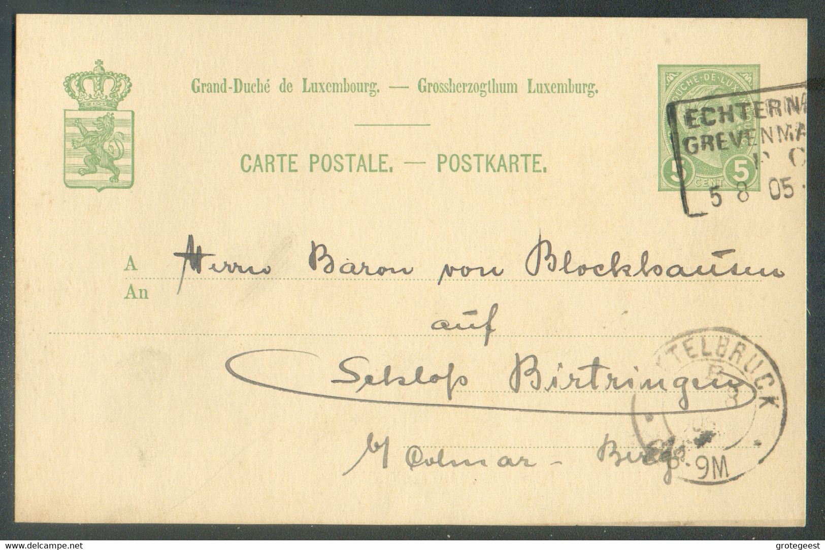 5c. Adolphe Obl. Dc Ambulant ECHTERNACH-GREVENMACHER F.C. 5-8-1905 Vers Birtrange (Birtringen). - 17472 - Stamped Stationery