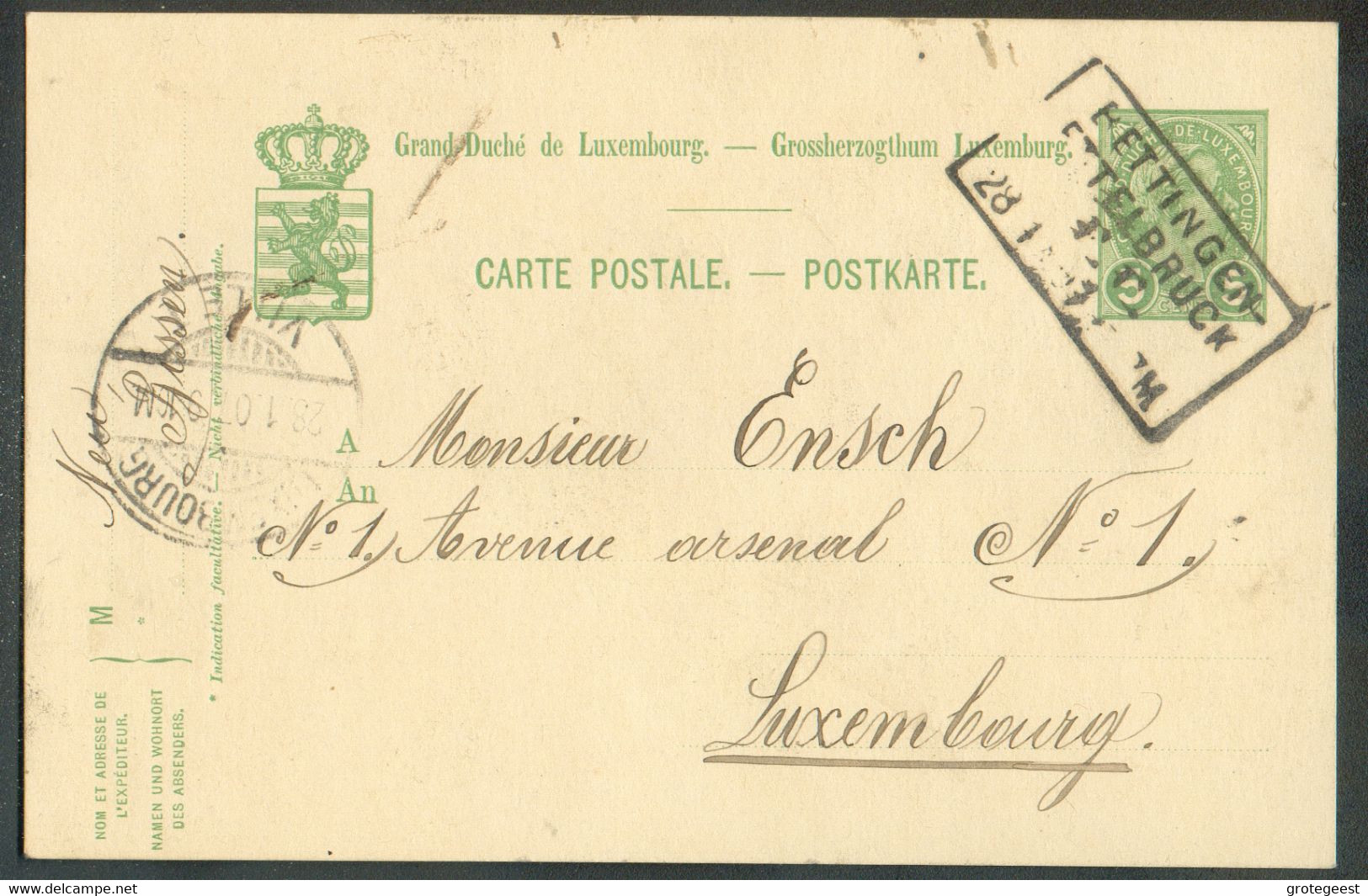 5c. Adolphe Obl. Dc Ambulant BETTINGEN-ETTELBRUCK F.C. 28-1-1907 Vers Luxemourg - 17473 - Stamped Stationery