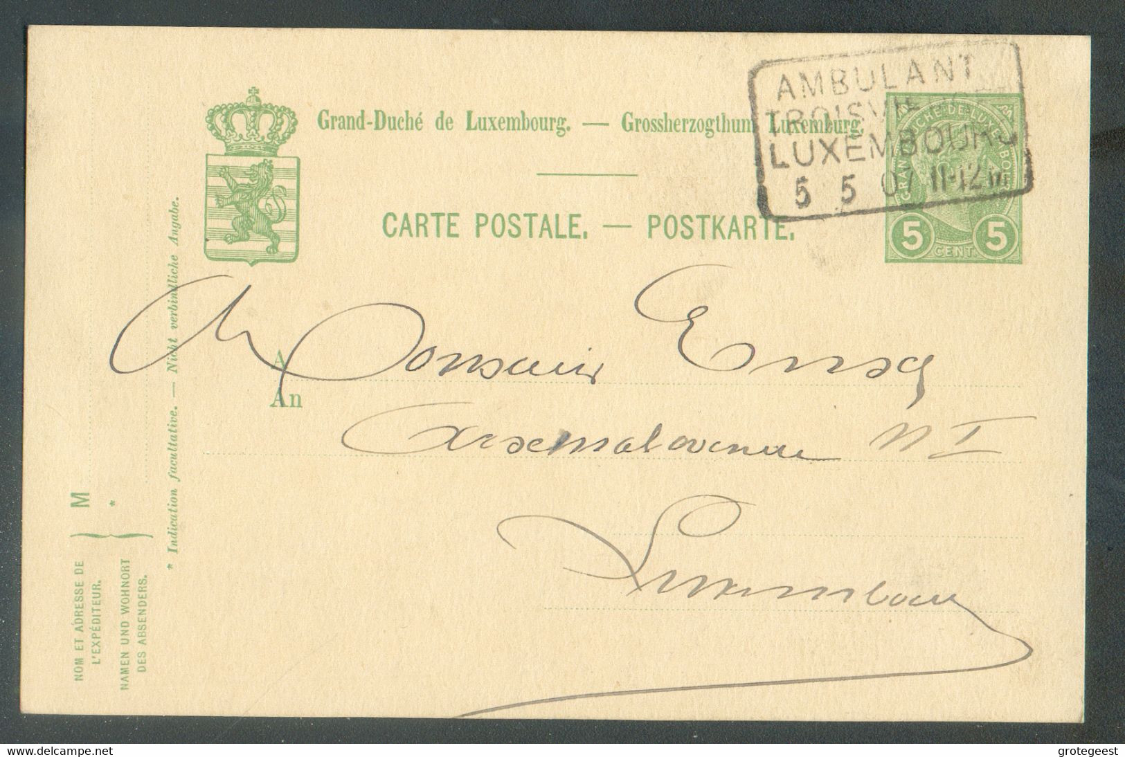 E.P. Carte 5 Centimes Obl. Griffe AMBULANT TROISVIERGES-LUXEMBOURG Du 5/05/1907 Vers Luxembourg - 17476 - Entiers Postaux