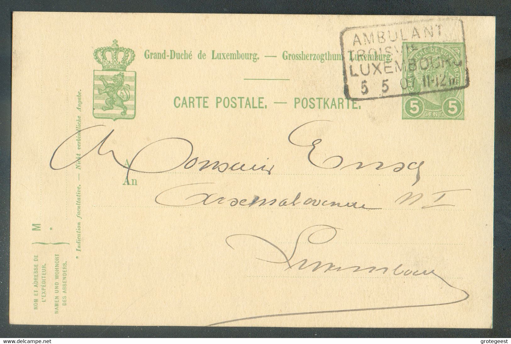 E.P. Carte 5 Centimes Obl. Griffe AMBULANT TROISVIERGES-LUXEMBOURG Du 5/05/1907 Vers Luxembourg - 17476 - Ganzsachen