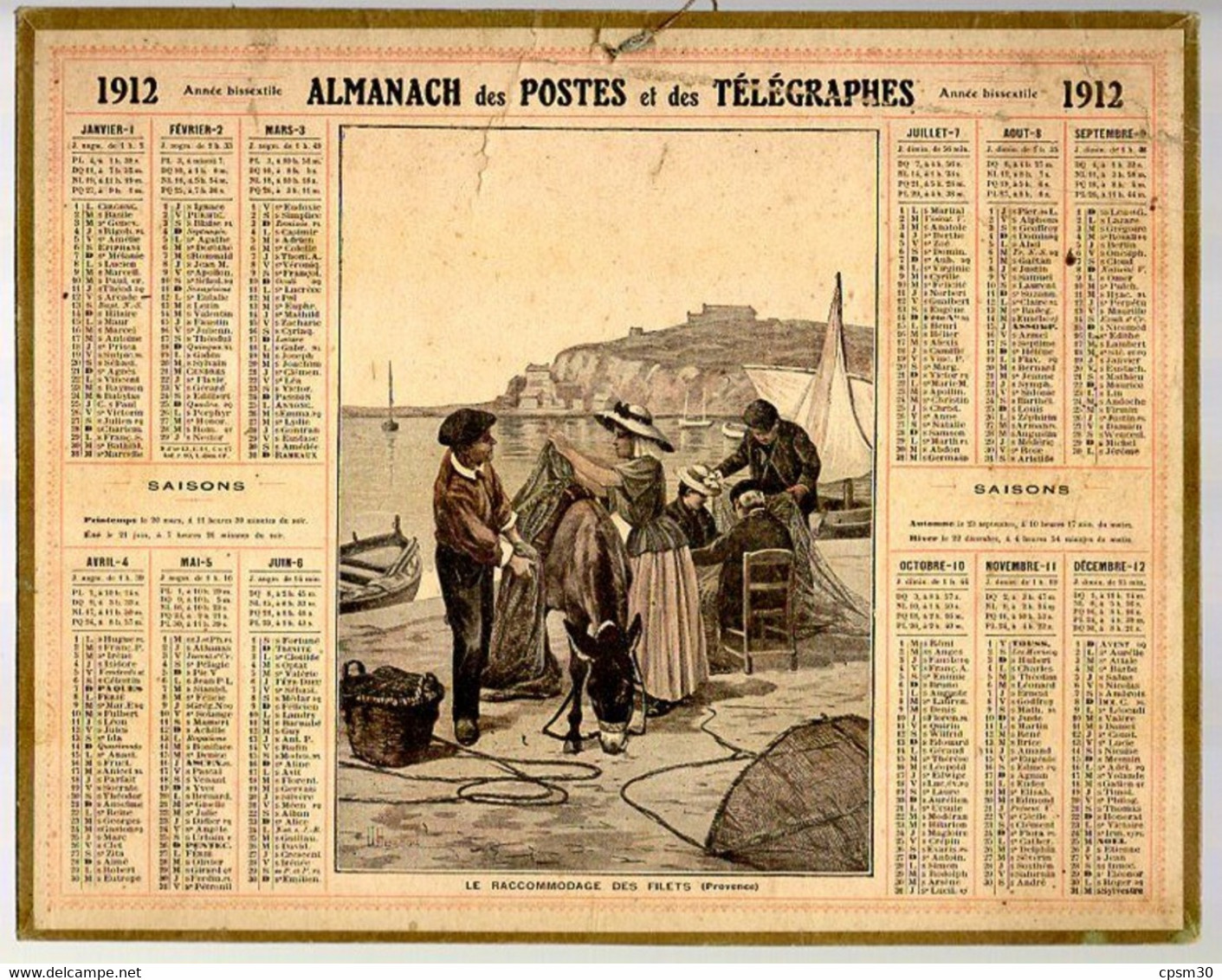 CALENDRIER GF 1912 - Le Raccommodage Des Filets De Pèche, Provence, Imprimeur Oberthur Rennes - Grand Format : 1901-20