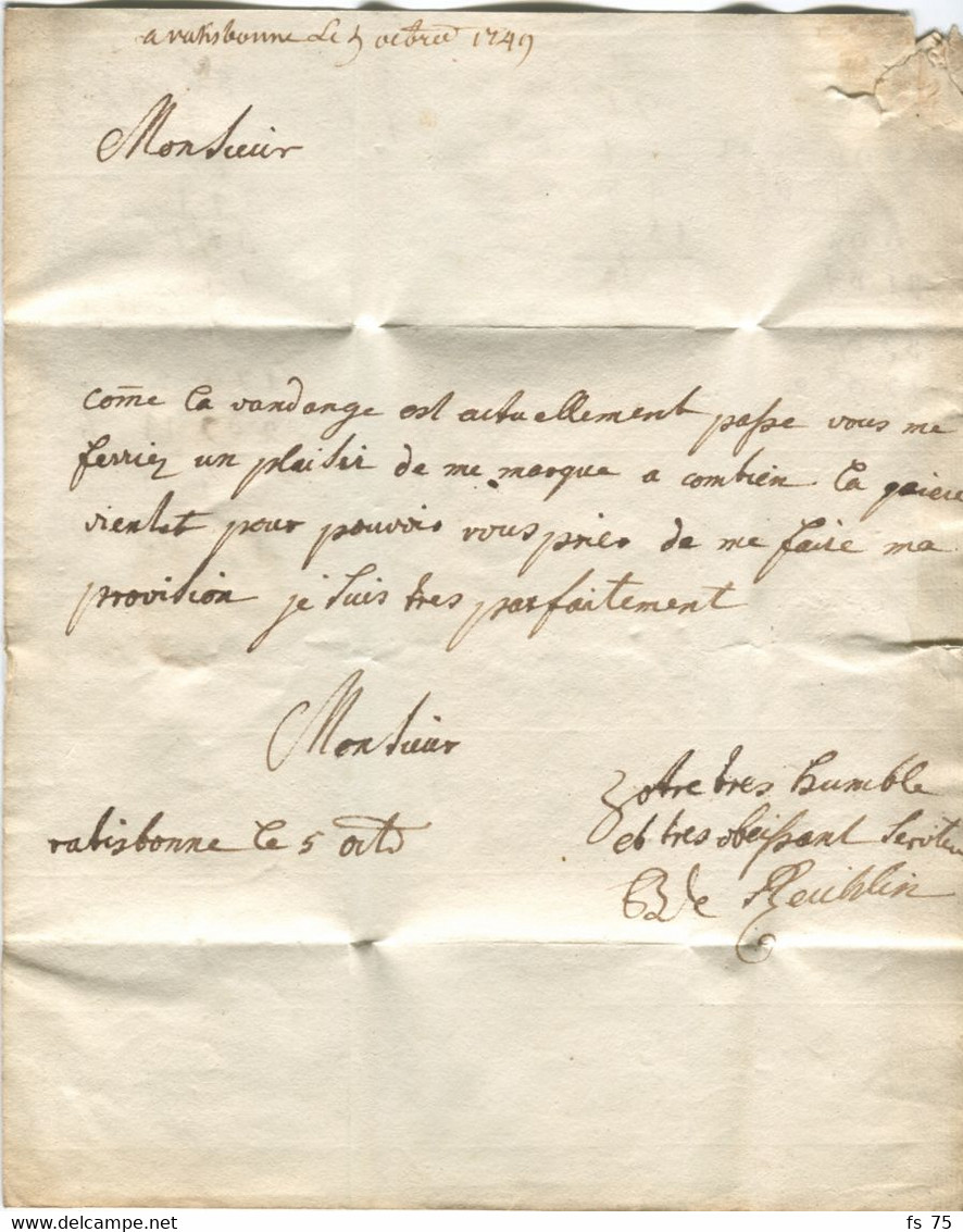 ALLEMAGNE - D'ALLEMAGNE SUR LETTRE AVEC TEXTE DE RATISBONNE, 1749 - Préphilatélie