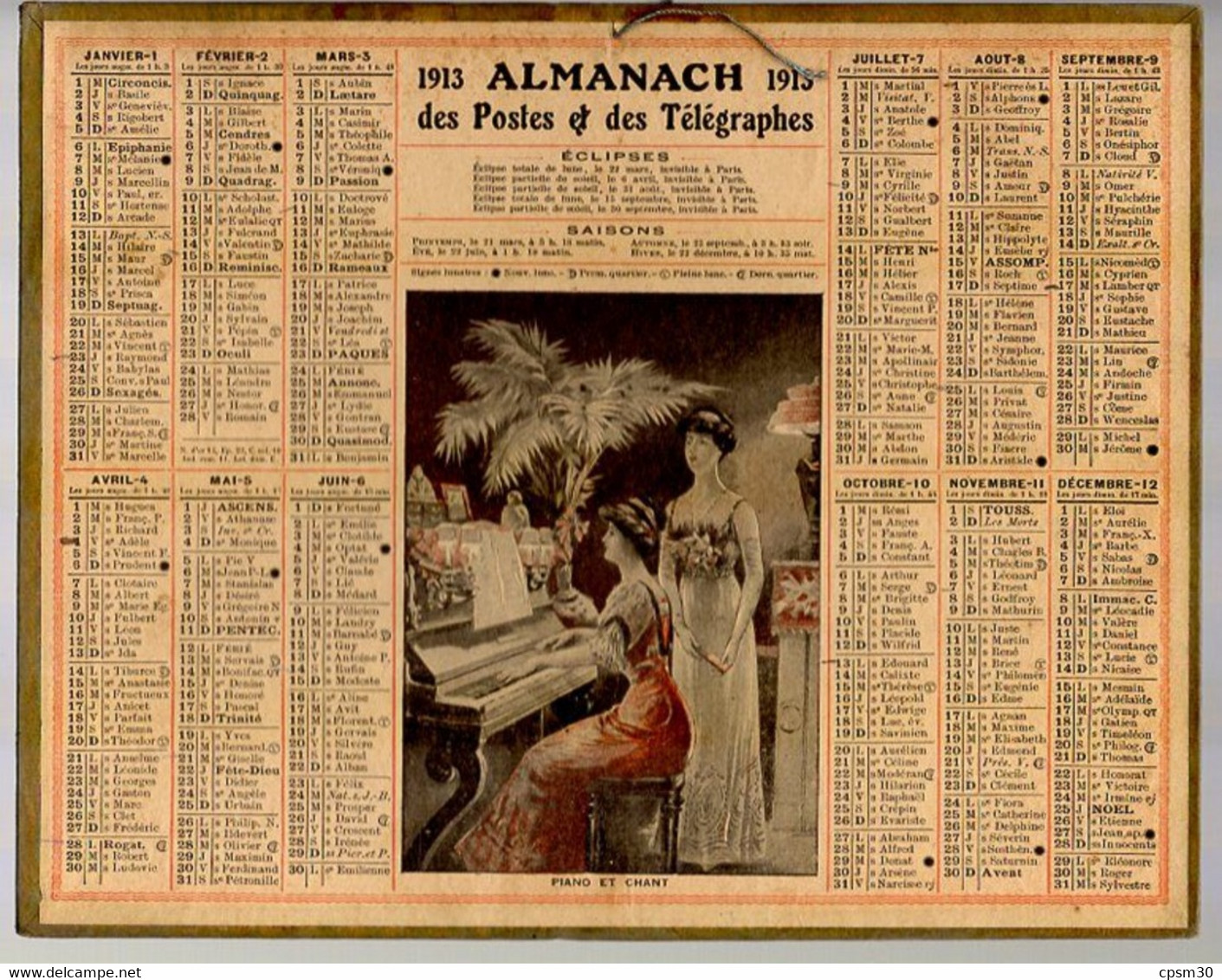 CALENDRIER GF 1913 - Piano Et Chant, Imprimeur Oberthur Rennes (calendrier Double Couverture) - Grand Format : 1901-20