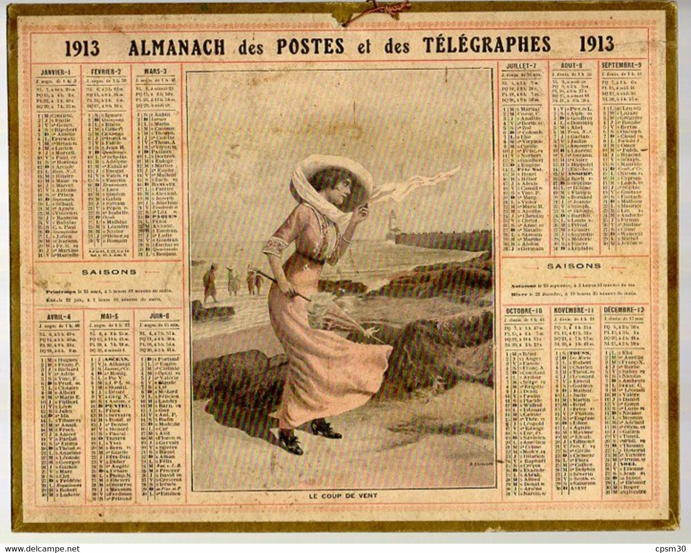 CALENDRIER GF 1913 - Coup De Vent En Bord De Mer, Imprimeur Oberthur Rennes - Grand Format : 1901-20
