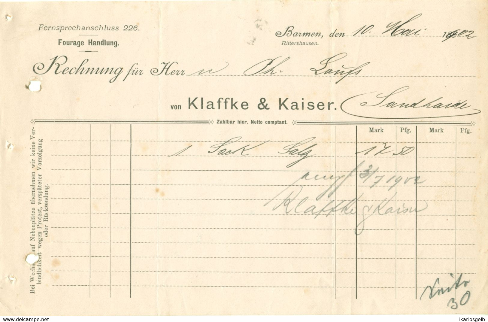 WUPPERTAL Barmen Rittershausen Rechnung 1902 " Klaffke & Kaiser Fourage-Handlung " - Alimentos