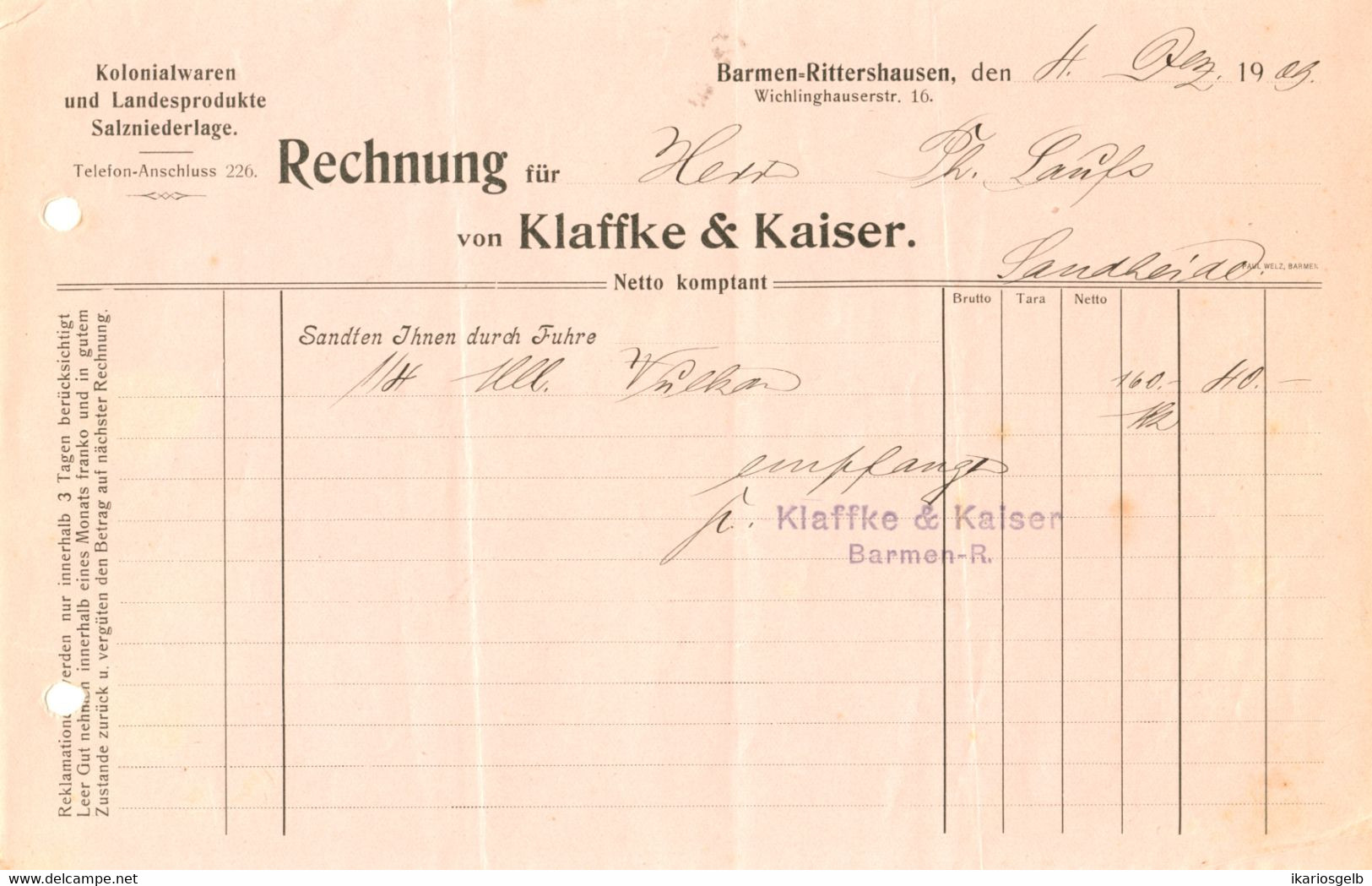 WUPPERTAL Barmen Rittershausen Rechnung 1909 " Klaffke & KaiserKolonialwaren Salzniederlage Landesprodukte " - Alimentaire