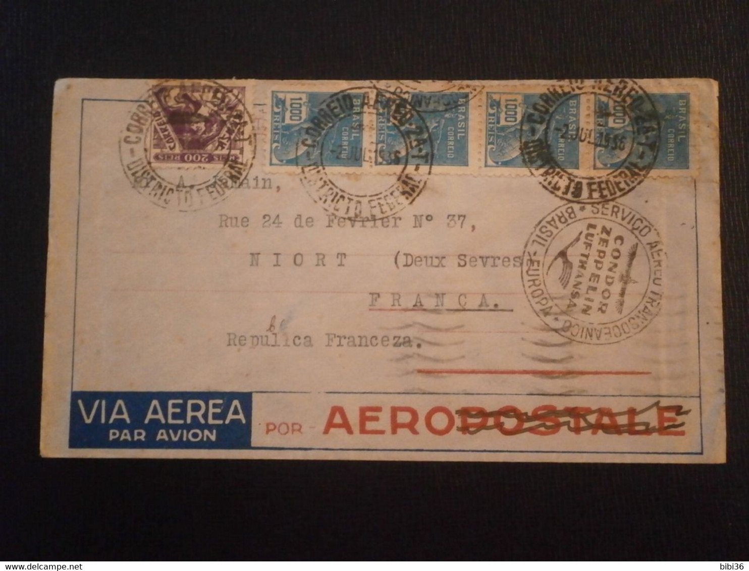 BRESIL BRAZIL AVION PLANE CONDOR ZEPPELIN LUFTANSA RIO JANEIRO NIORT DEUX SEVRES ENVELOPPE LETTRE DOCUMENT COURRIER - Poste Aérienne (Compagnies Privées)