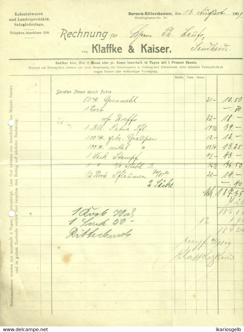 WUPPERTAL Barmen Rittershausen Rechnung 1909 " Klaffke & KaiserKolonialwaren Salzniederlage Landesprodukte " - Alimentos