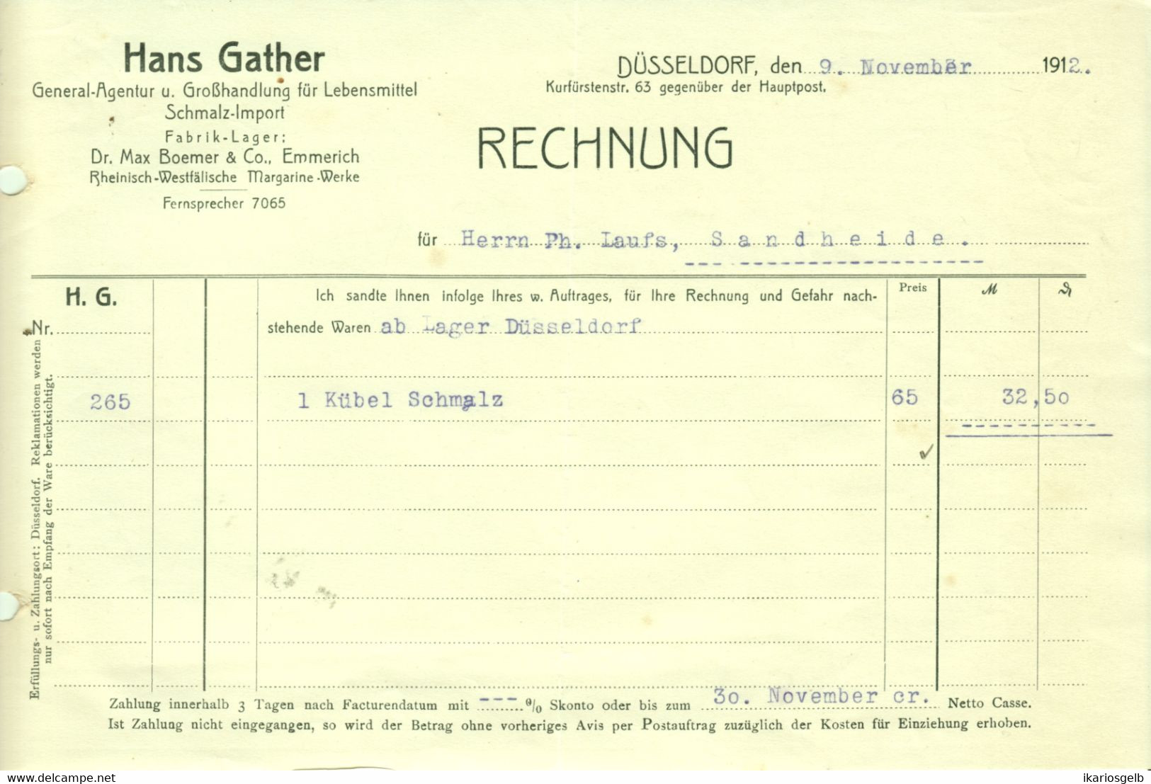 Düsseldorf Rechnung 1912 " Hans Gather Schmalz-Import Lebensmittel-Großhandel " - Food