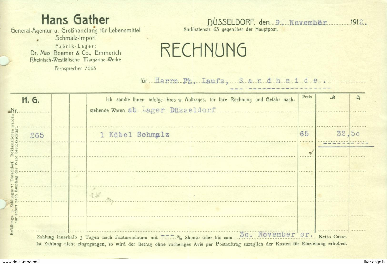 Düsseldorf Rechnung 1912 " Hans Gather Schmalz-Import Lebensmittel-Großhandel " - Alimentare