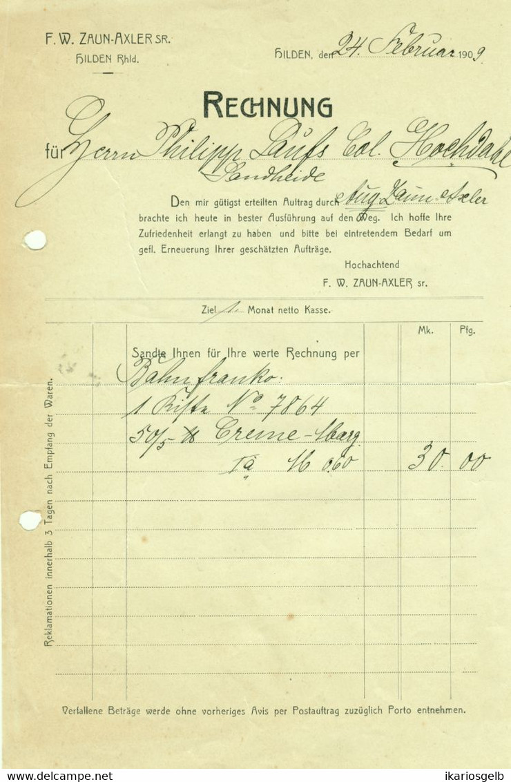 Hilden Bei Düsseldorf Rechnung 1909 " F.W.Zaun-Axler Sr Lebensmittel-Großhandlung " - Alimentaire