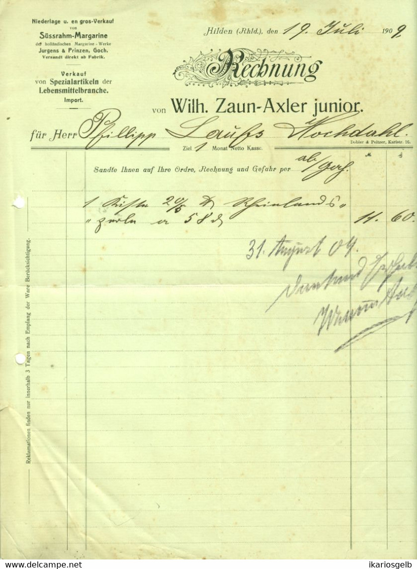 Hilden Bei Düsseldorf Rechnung 1909 " Wilh.Zaun-Axler Jr Lebensmittel-Großhandlung " - Alimentos