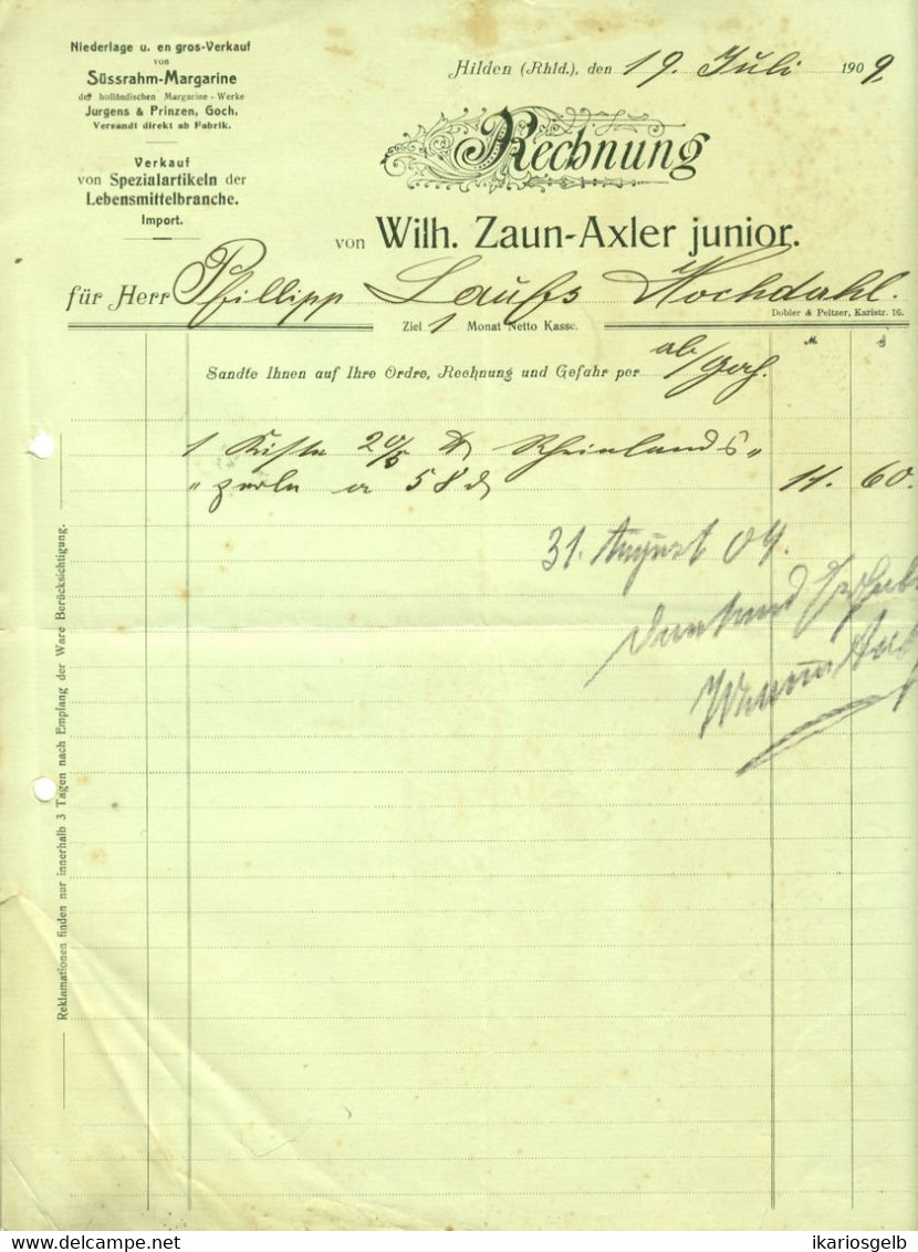 Hilden Bei Düsseldorf Rechnung 1909 " Wilh.Zaun-Axler Jr Lebensmittel-Großhandlung " - Alimentaire