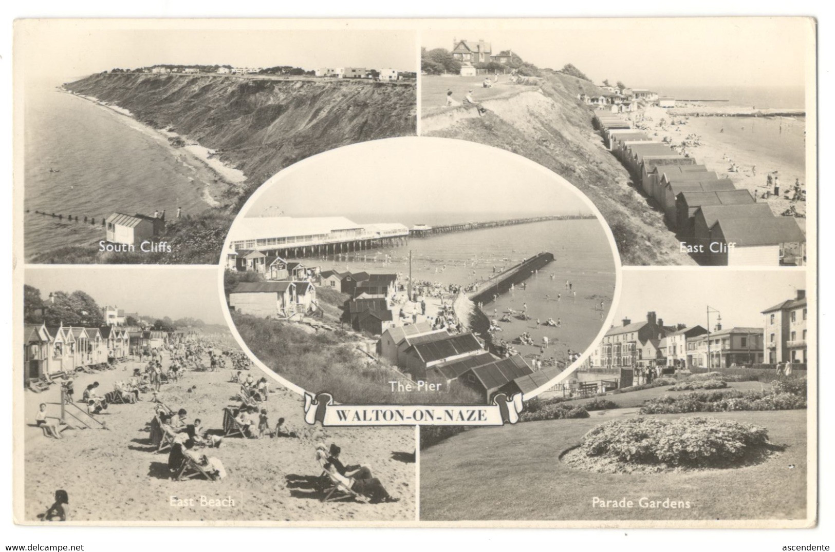 Walton-on-Naze. Parade Gardens, East Beach, South Cliffs, East The Pier. Salmon Series RPPC Colchester United Kingdom - Colchester