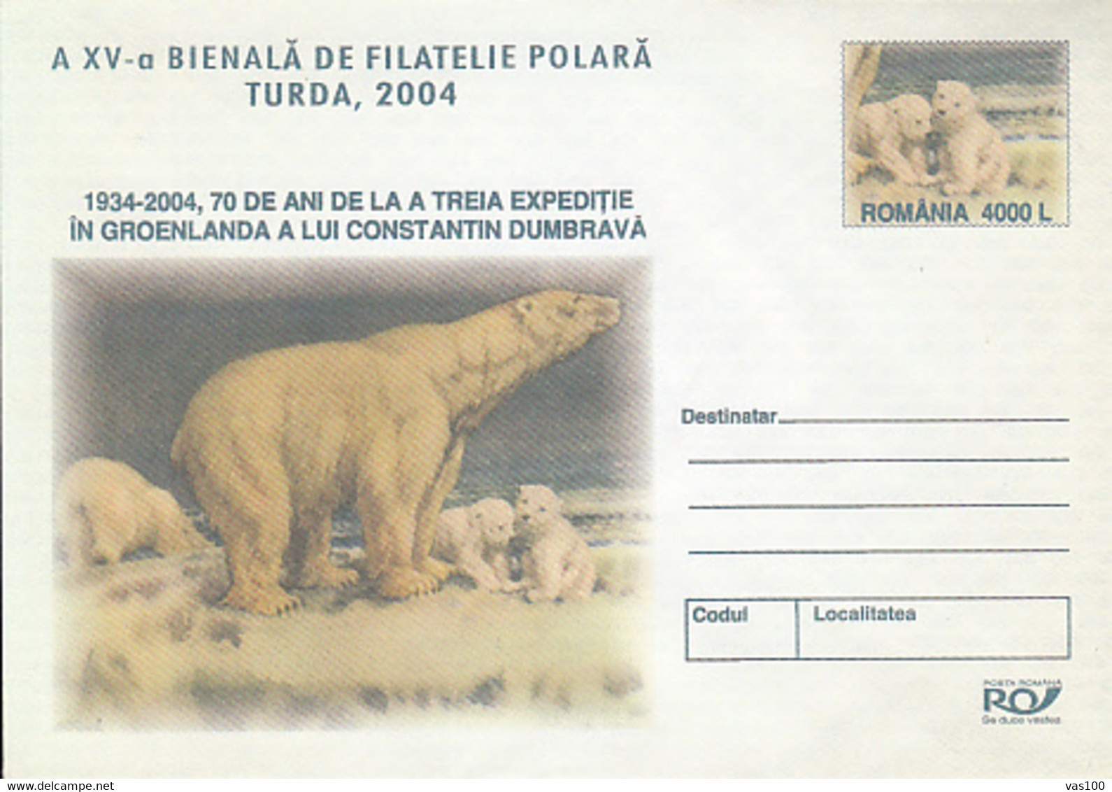 NORTH POLE, ARCTIC WILDLIFE, POLAR BEARS, COVER STATIONERY, ENTIER POSTAL, 2004, ROMANIA - Faune Arctique