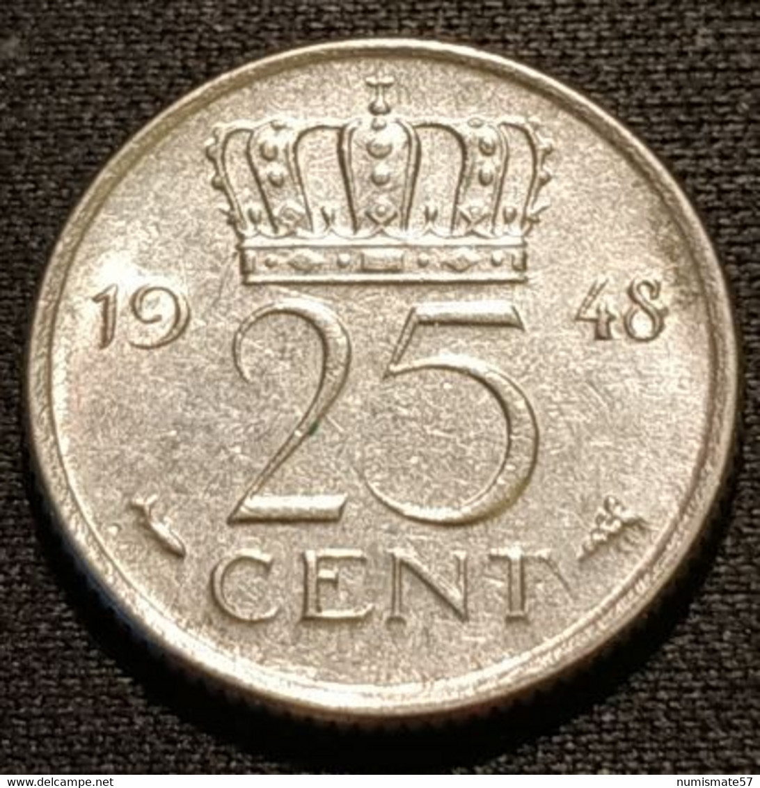 PAYS-BAS - NEDERLAND - 25 CENTS 1948 - Whilelmina - KM 178 - 25 Centavos