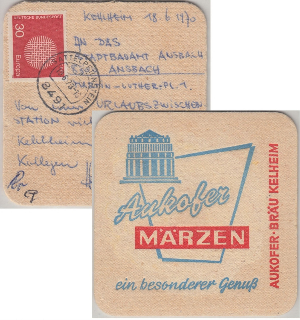 BRD - 30 Pfg. Europa Bierdeckel Aukofer Bräu Kelheim Karte Sattelpeilnstein 1970 - Otros & Sin Clasificación