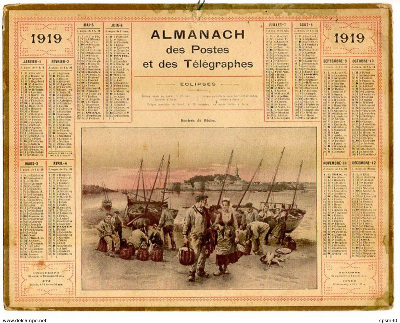 CALENDRIER GF 1919 - Rentrée De Pèche, Imprimeur Oberthur Rennes - Groot Formaat: 1901-20