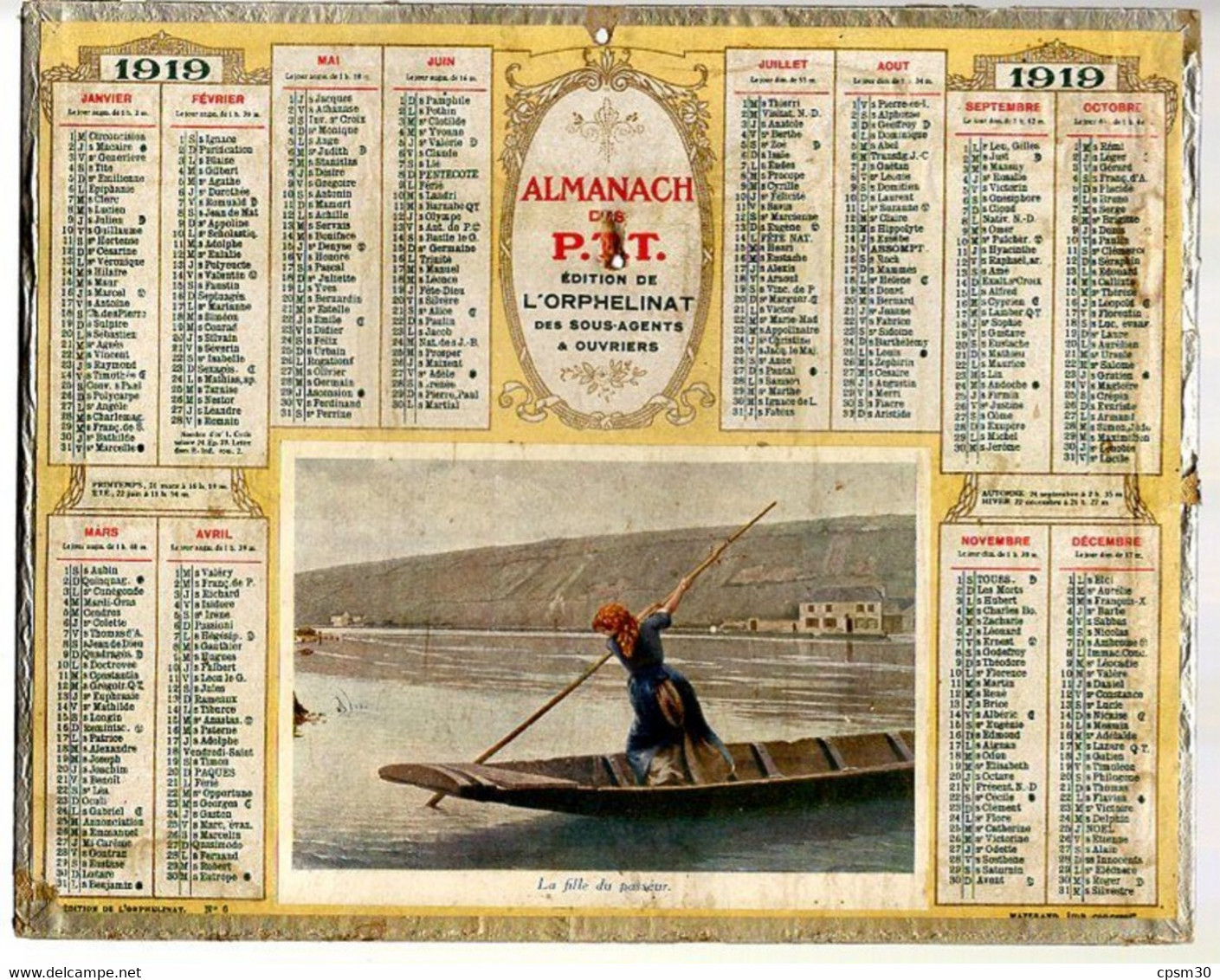 CALENDRIER GF 1919 - La Fille Du Passeur, Imprimeur Oberthur, (Almanach PTT, édition Orphelinat Agent & Ouvrier) - Groot Formaat: 1901-20