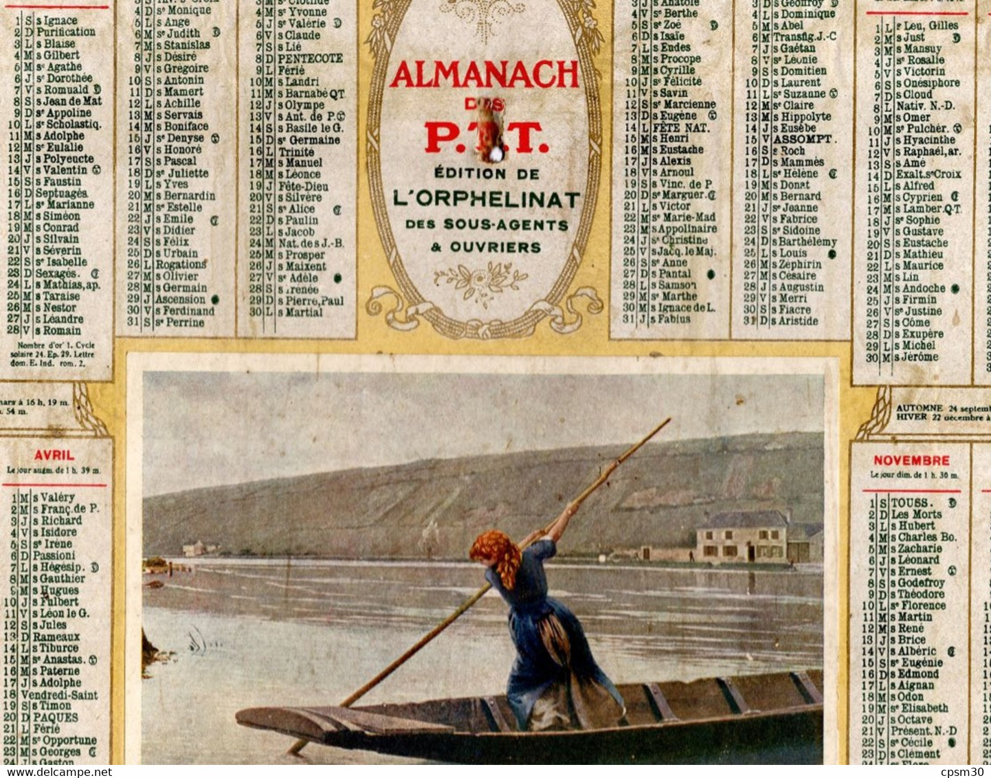 CALENDRIER GF 1919 - La Fille Du Passeur, Imprimeur Oberthur, (Almanach PTT, édition Orphelinat Agent & Ouvrier) - Tamaño Grande : 1901-20