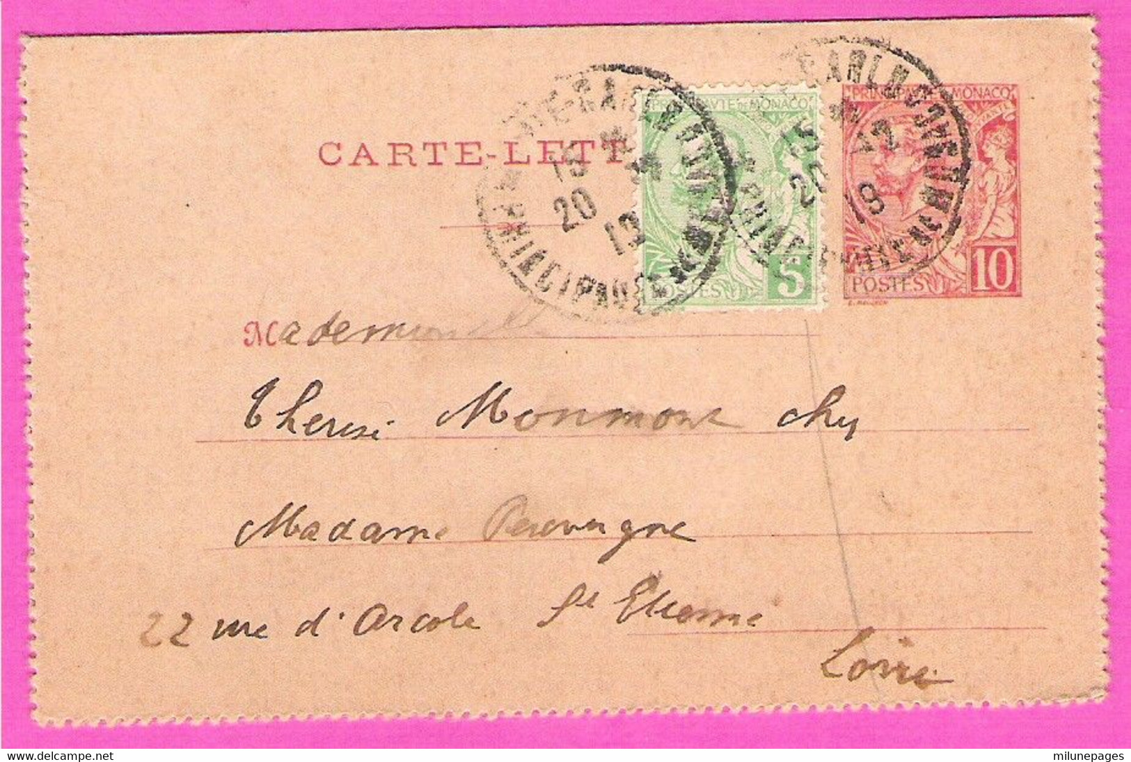 MONACO Carte Lettre Entier 10 Cts Rouge Albert 1er + Complément 5 Cts Vert Pour St Etienne - Entiers Postaux