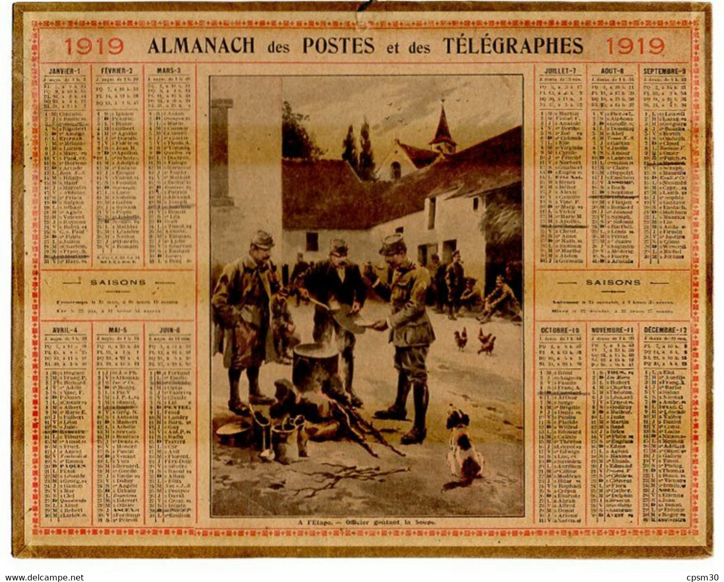 CALENDRIER GF 1919 - à L'étape, Officier Goutant La Soupe, Imprimeur Oberthur Rennes - Grand Format : 1901-20