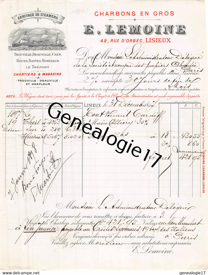 76 1606 LISIEUX SEINE INF 1897 STEAMERS Charbons E. LEMOINE Rue D Orbec TROUVILLE DEAUVILLE CAEN NANTES HONFLEUR - Barcos