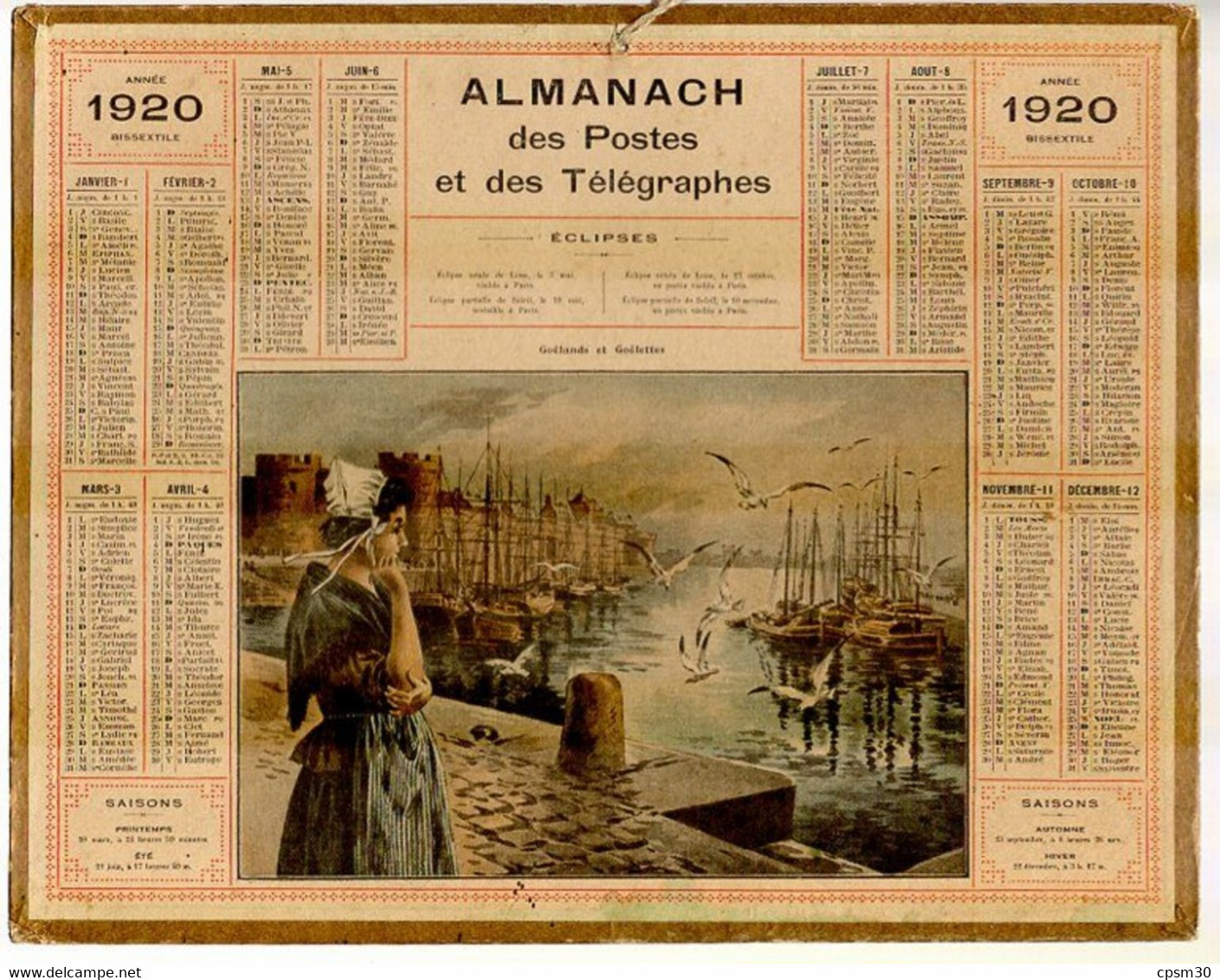 CALENDRIER GF 1920 - Goélands Et Goélettes (??Bretagne??), Imprimeur Oberthur Rennes - Formato Grande : 1901-20