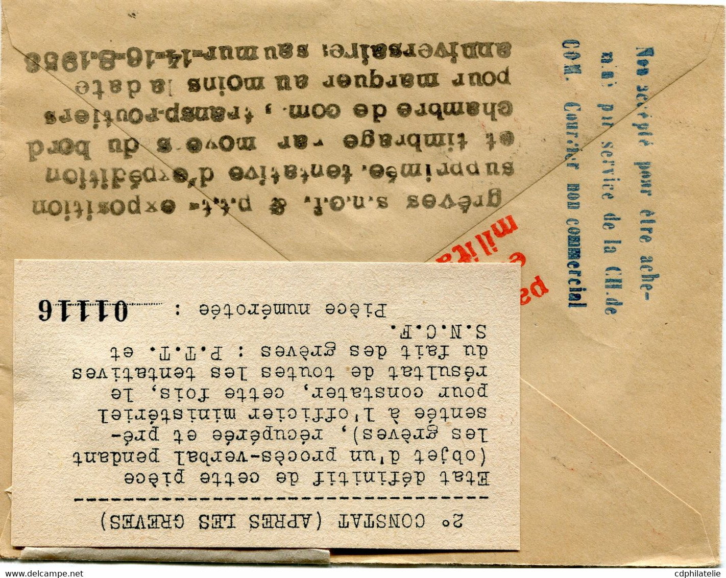 FRANCE ENVELOPPE AVEC TIMBRES DE GREVE DE SAUMUR + CACHET " ENVELOPPE OUVERTE TRANSPORTEE TOUTE VIDE " + CACHET......... - Documentos