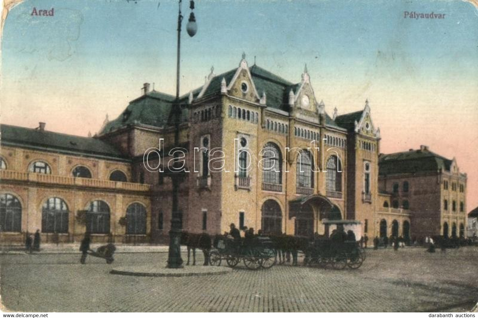 T3 1917 Arad, Vasútállomás, Pályaudvar, Konflisok, Lovaskocsik / Railway Station, Horse-drawn Carriages (kopott Sarkak / - Unclassified