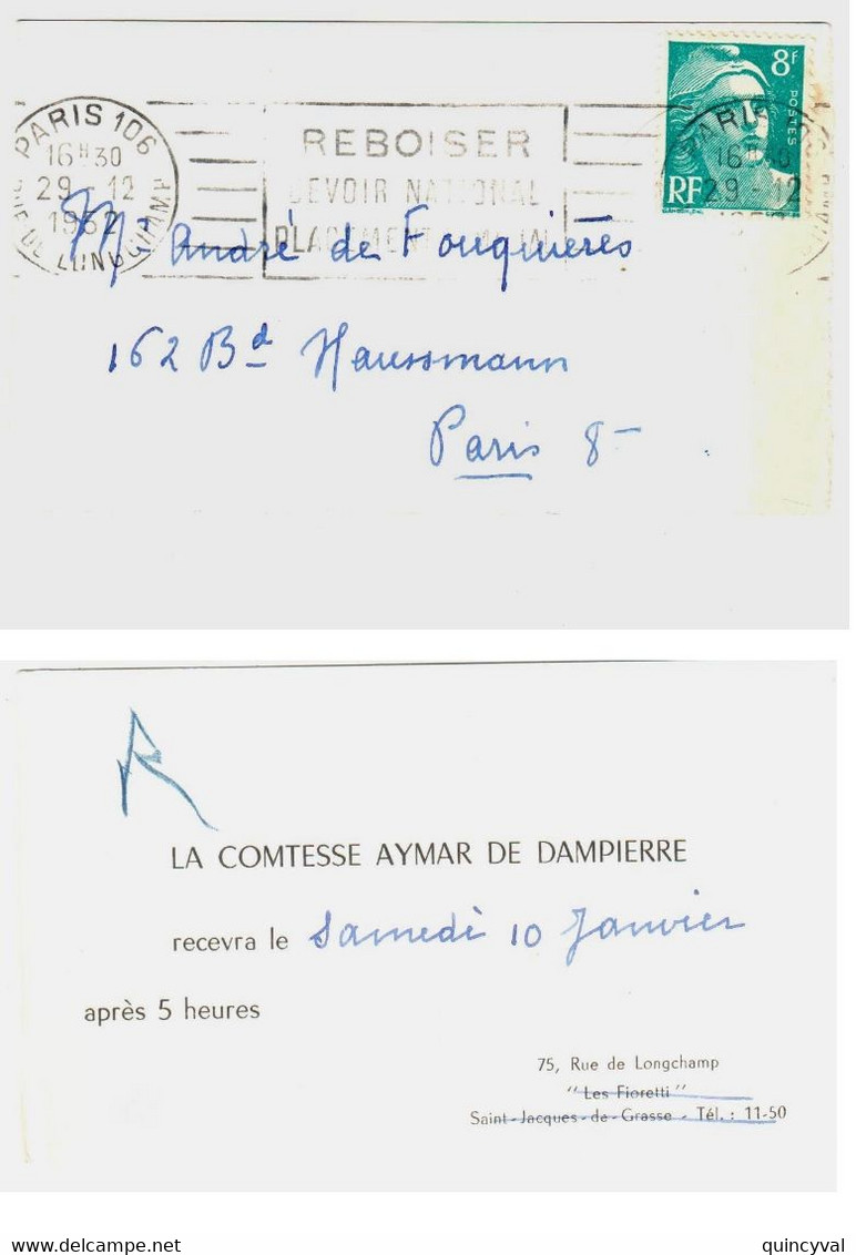 PARIS 106 Carte De Visite Mignonette à DECOUVERT Sans Enveloppe 8F Gandon Yv 810 Ob Meca 29 12 1952 - 1945-54 Marianne Of Gandon