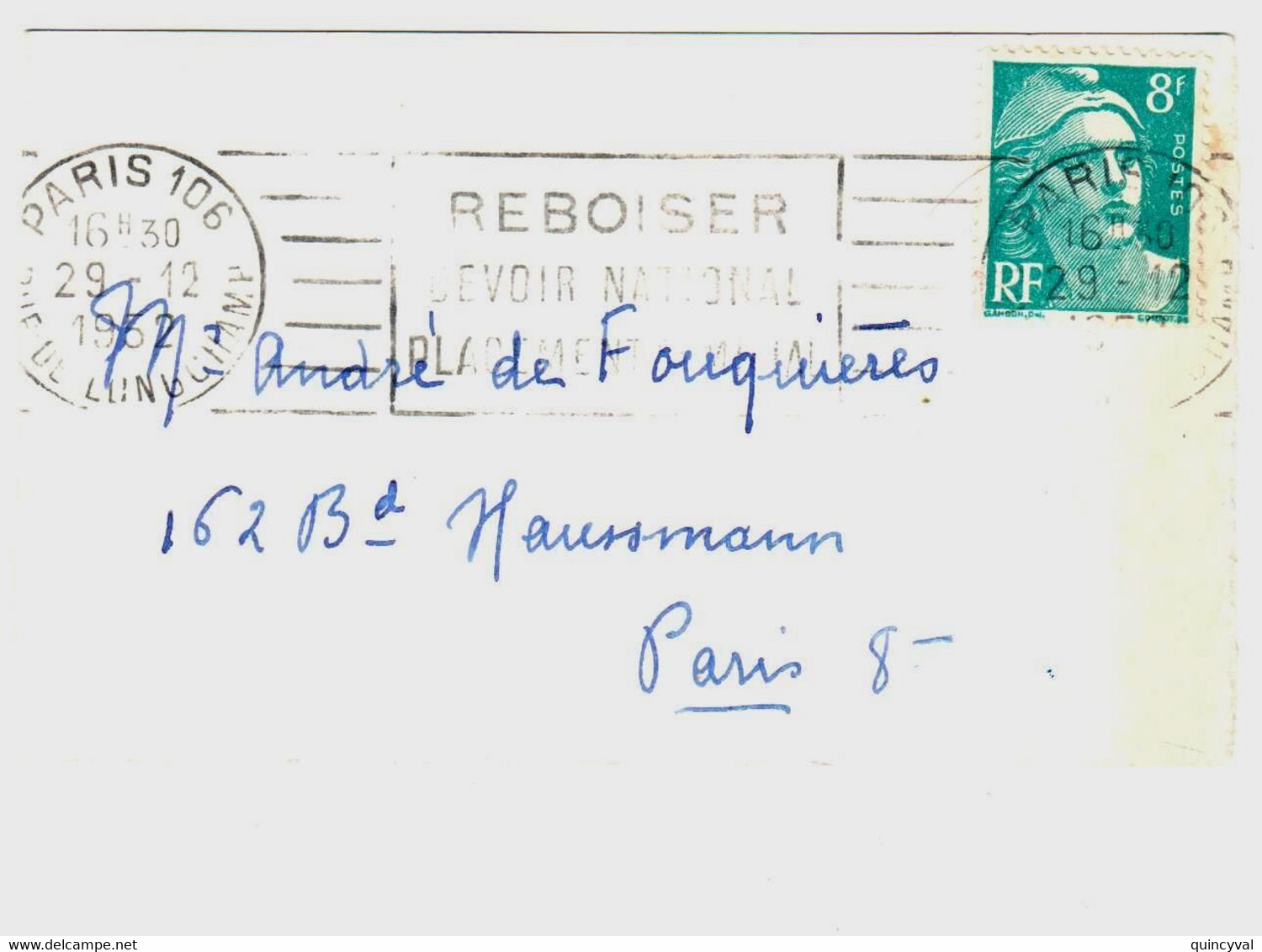 PARIS 106 Carte De Visite Mignonette à DECOUVERT Sans Enveloppe 8F Gandon Yv 810 Ob Meca 29 12 1952 - 1945-54 Marianne (Gandon)