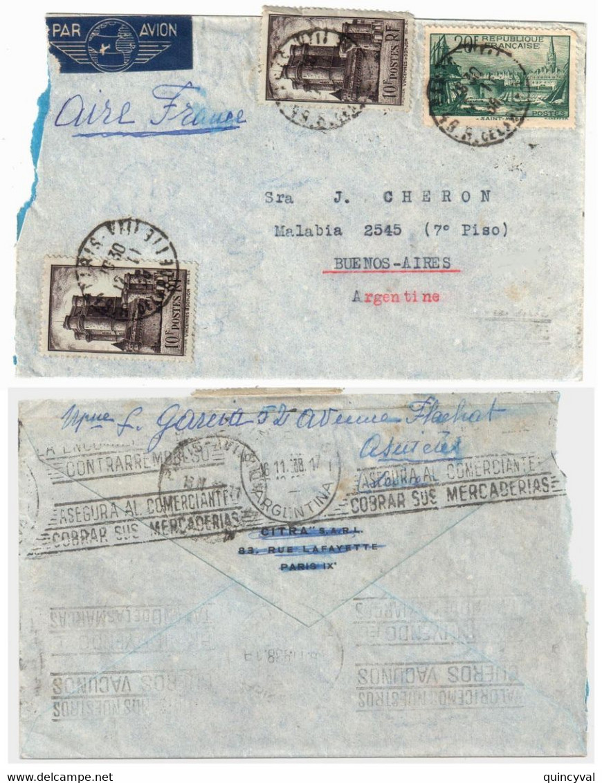PARIS VIII Lettre Avion 10F Vincennes 20F Port St Malo Yv  283 394 Dest Argentine Buenos Aires Ob 1938 - Briefe U. Dokumente