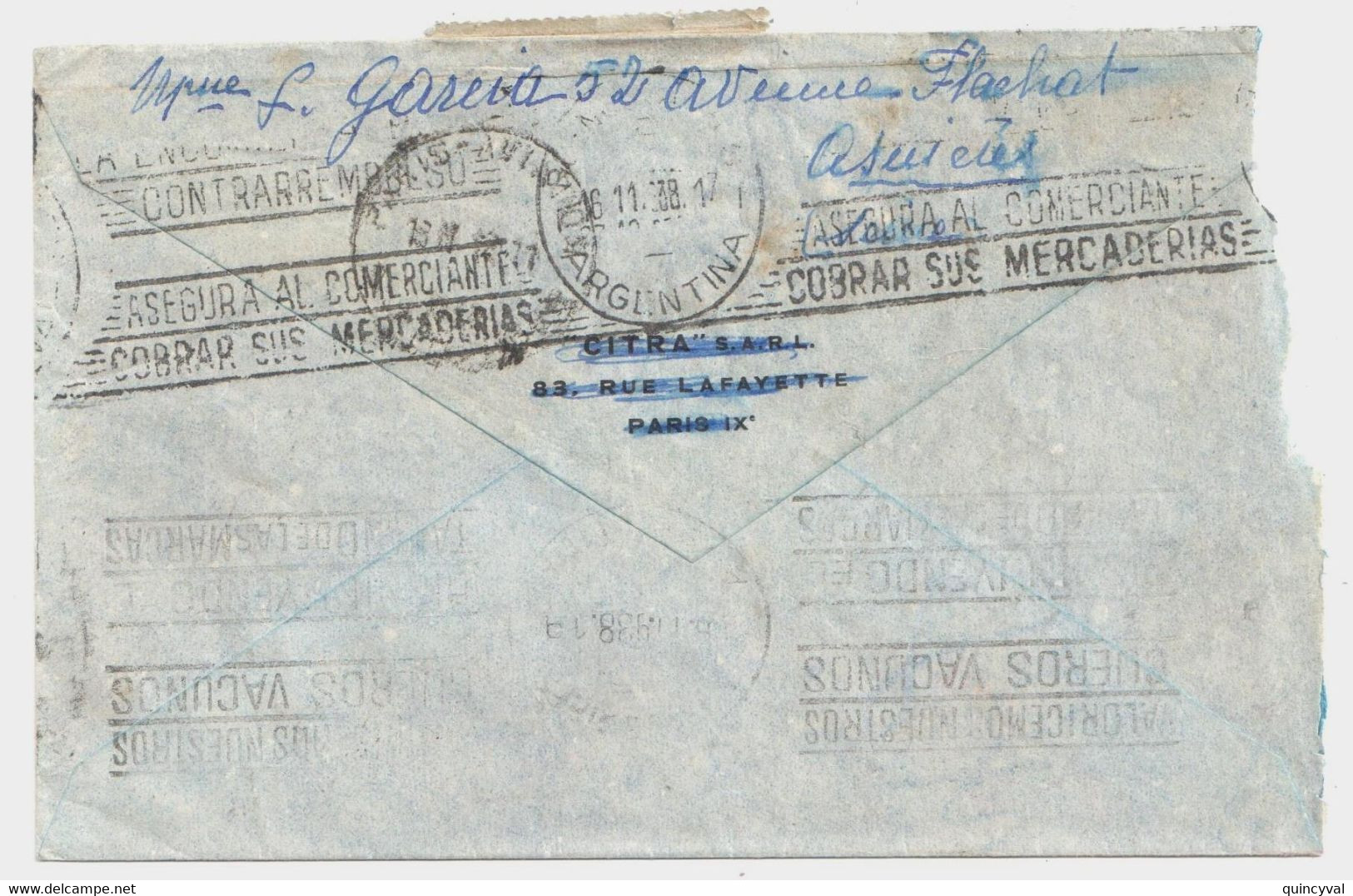 PARIS VIII Lettre Avion 10F Vincennes 20F Port St Malo Yv  283 394 Dest Argentine Buenos Aires Ob 1938 - Cartas & Documentos