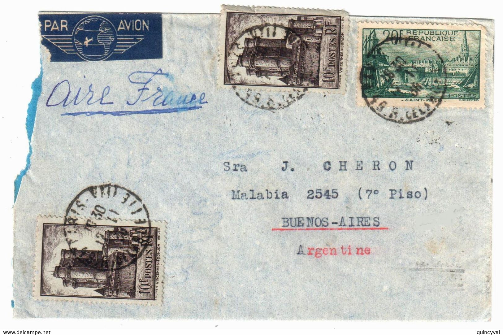 PARIS VIII Lettre Avion 10F Vincennes 20F Port St Malo Yv  283 394 Dest Argentine Buenos Aires Ob 1938 - Covers & Documents