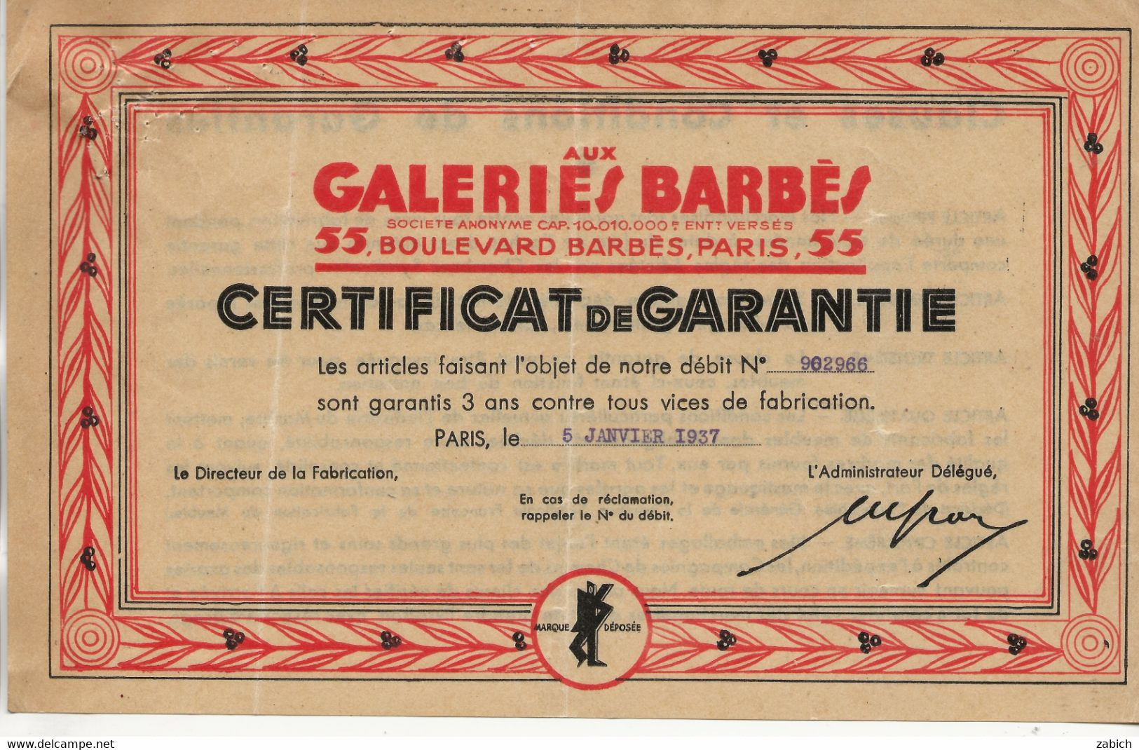 FRANCE  CERTIFICAT De GARANTIE DES GALERIES BARBES 1937 - Printing & Stationeries